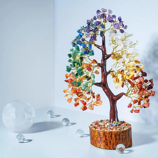 7 Chakra Crystal Tree of Life: Golden Wire Gemstone Healing Decor