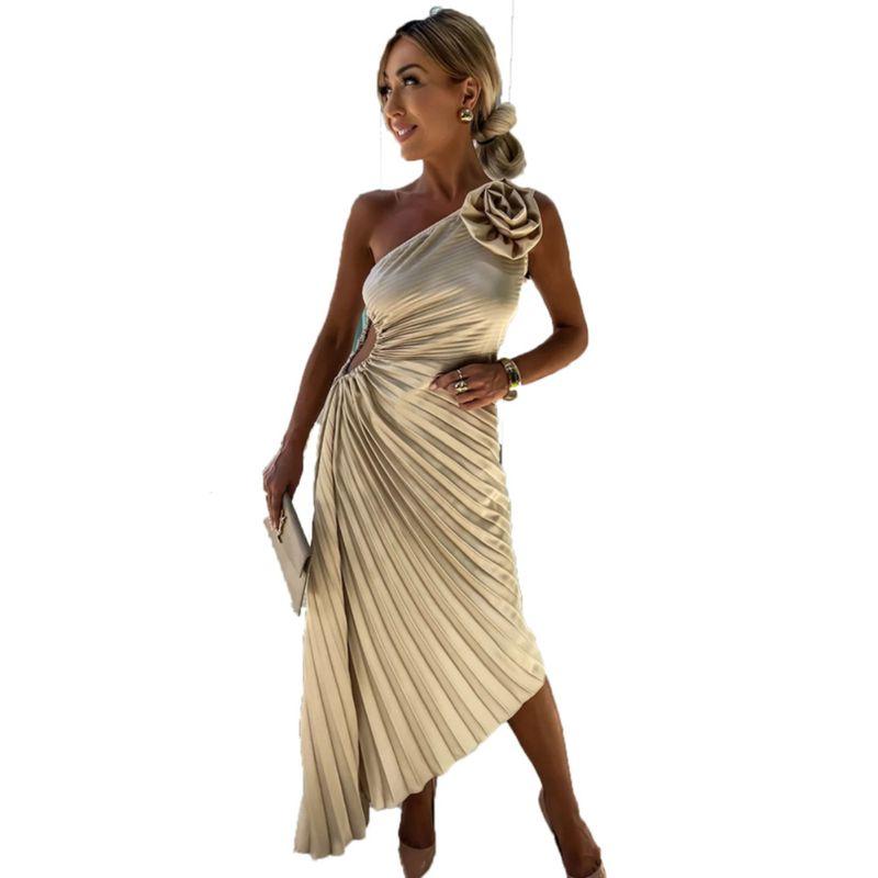 European and American Women Clothes New Solid Dress Fashion Sexy Sloping Shoulder Pleat Hollow Formal Dress