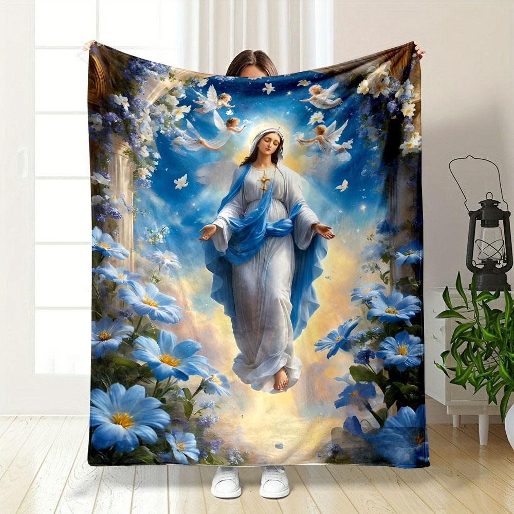 Virgin Mary Angels Flowers Blanket Printed Blanket for Living Room Bed Couch Lunch Break Soft Cozy Blanket for Friend's Festival Gift