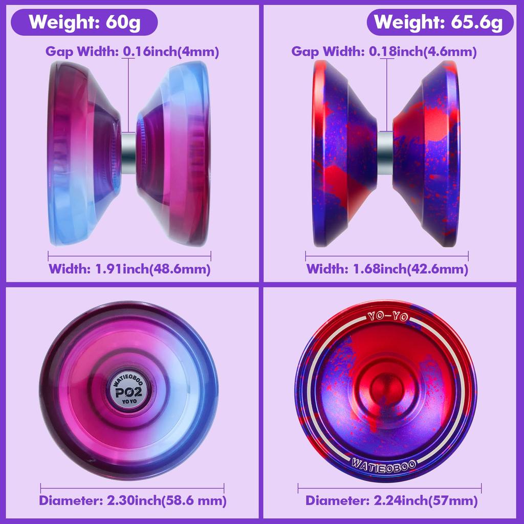 WATIEOBOO Yoyo Metal Yoyo P02 PC Switches from Responsive To Modes Perfect for and Advanced Players Set, 2-Pack (W7 + Two-Color Yoyo) - Non-Responsive