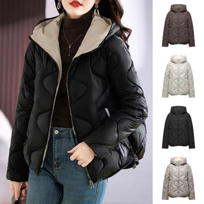 Manteau d'hiver en duvet pour femme, rembourré, coupe-vent, à capuche, manches longues, ample, épais, avec poches, couleur unie, protection du cou, fermeture éclair, manteau d'extérieur en coton