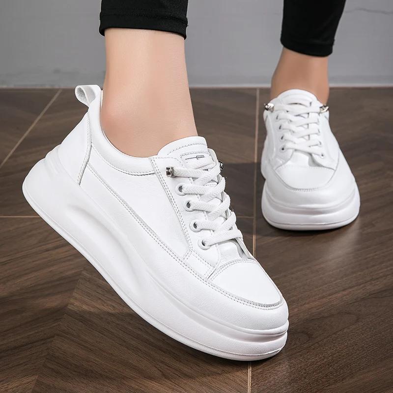 BKQU Leather Women's White Casual Shoes Woman Vulcanized Sneakers Slip on Sports Shoes Walking Running Platform Flats Footwear