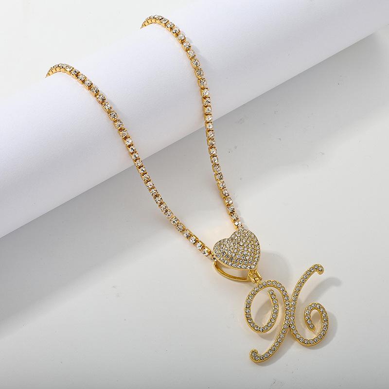 26 Flower Letter Necklace: Hip Hop Heart Pendant with Full Diamond Inlaid Tennis Chain for Women
