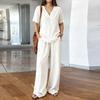 Women Casual V Neck Pullover Short Sleeve Top with Long Pants Set Made of Washed Cotton Comfortable Loose Fit Relaxed Style