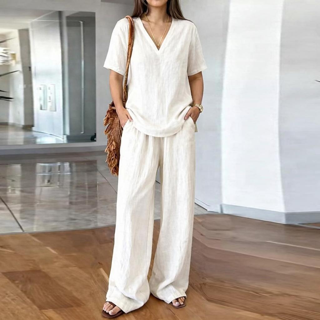 Women Casual V Neck Pullover Short Sleeve Top with Long Pants Set Made of Washed Cotton Comfortable Loose Fit Relaxed Style