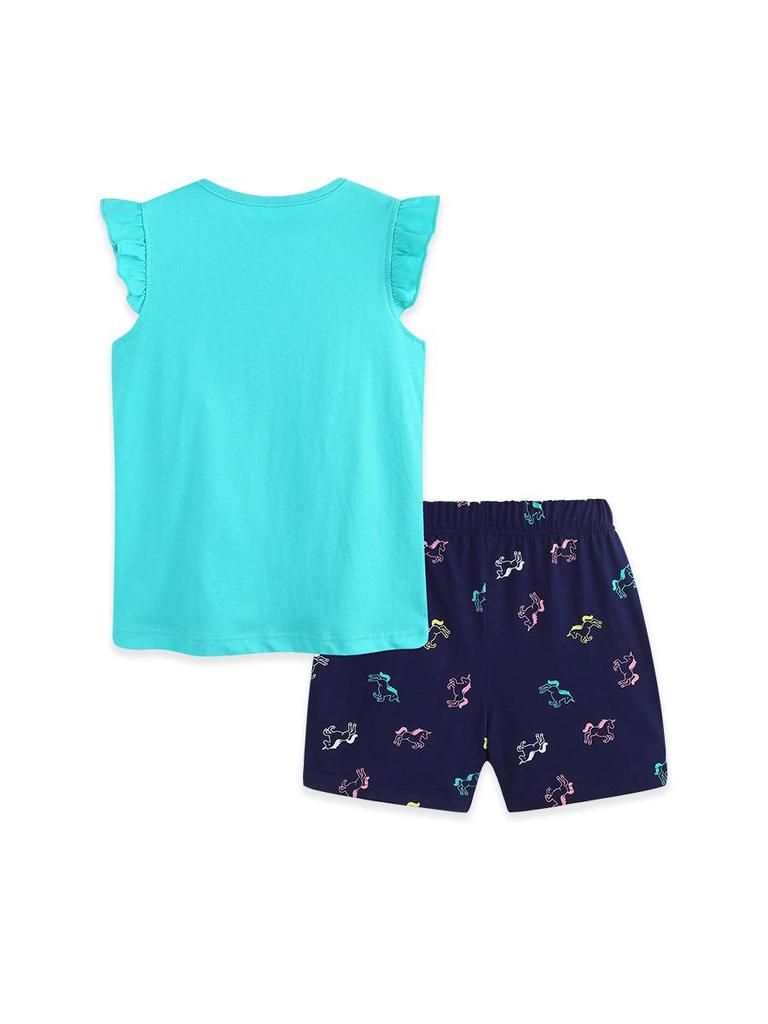 Unicorn Print Girls' Summer Short Sleeve Knit Cotton Two-Piece Set