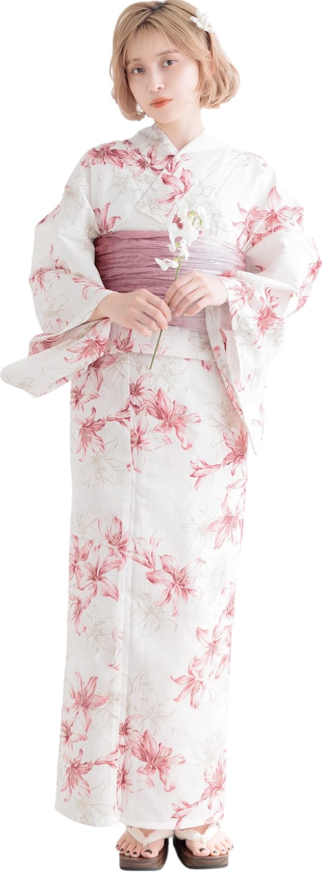 

Dita Yukata Red and White with Lily and Watercolor Elegant and Easy to Dress by Yourself Maiden Free Women s 5-Piece Set, Flowers, Elegant, (Summer