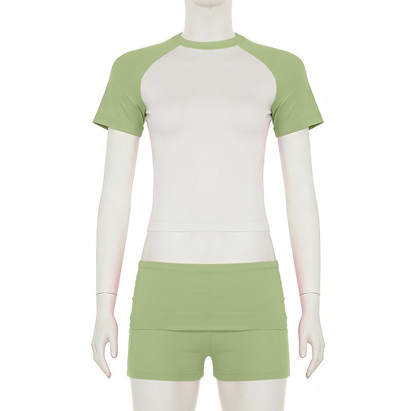European-American Raglan Color-Block Sports Suit: Short-Sleeve Top, Solid Shorts & Headband