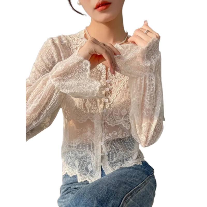 Dámská košile s krajkovým límcem a dlouhým rukávem - Elegantní镂ovaný design pro jaro a podzim