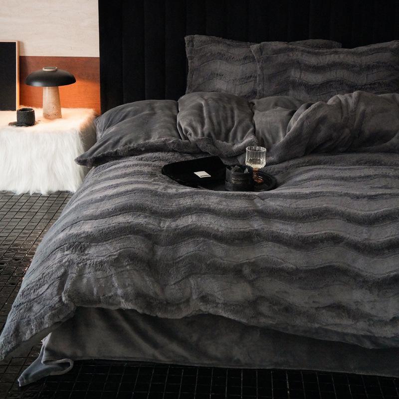 320g Faux Rabbit Fur Plush Four-Piece Bedding Set with Double-Sided Milk Fleece: Duvet Cover, Bed Sheet & Fitted Sheet 1.8m Flat Sheet Set, Duvet 200x230cm серый