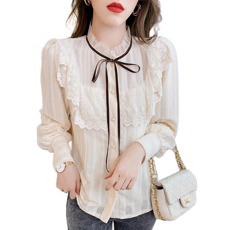 Autumn Winter Womens Tops and Blouses 2022 Cotton Blouse Button Solid Stand Collar Ladies Lace Tops Women Shirts Blusas Feminine