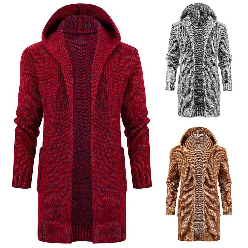 Cardigan lungo antivento con cappuccio in maglia tinta unita da uomo, maglione di media lunghezza