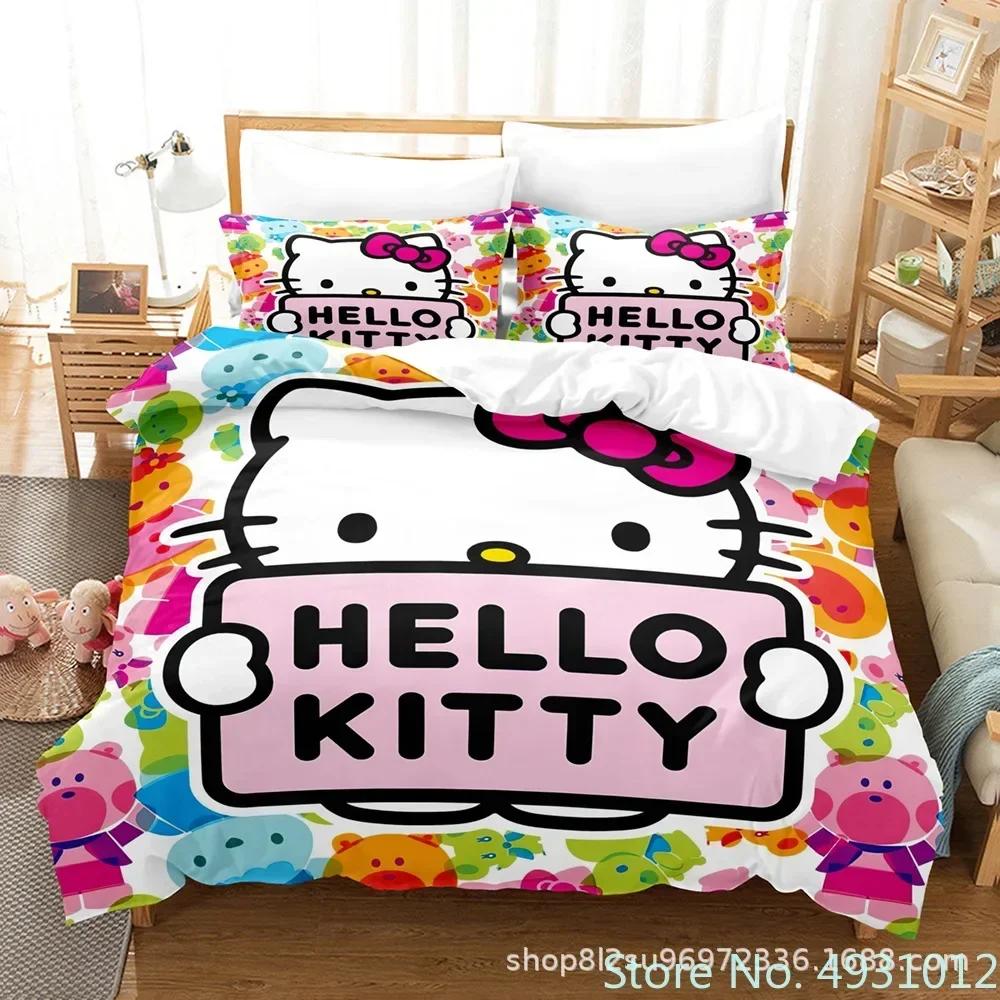 Cute Hello Kitty Colors Bedding Set Pillowcase Japanese Anime Bedclothes 3D Printed Quilt Cover Duvet Cover Baby Kids Child Gift