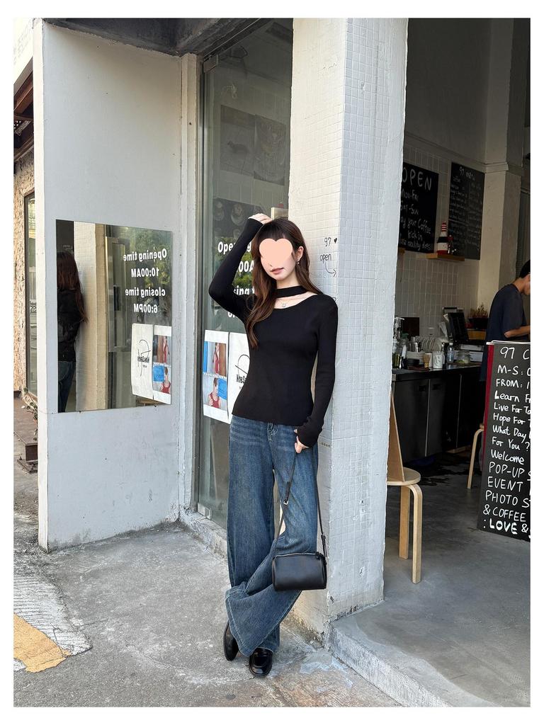 Women's Black Long Sleeve Knit Sweater Top - Halter Neck with Hollow Design, Perfect Slimming Base Layer for Autumn/Winter