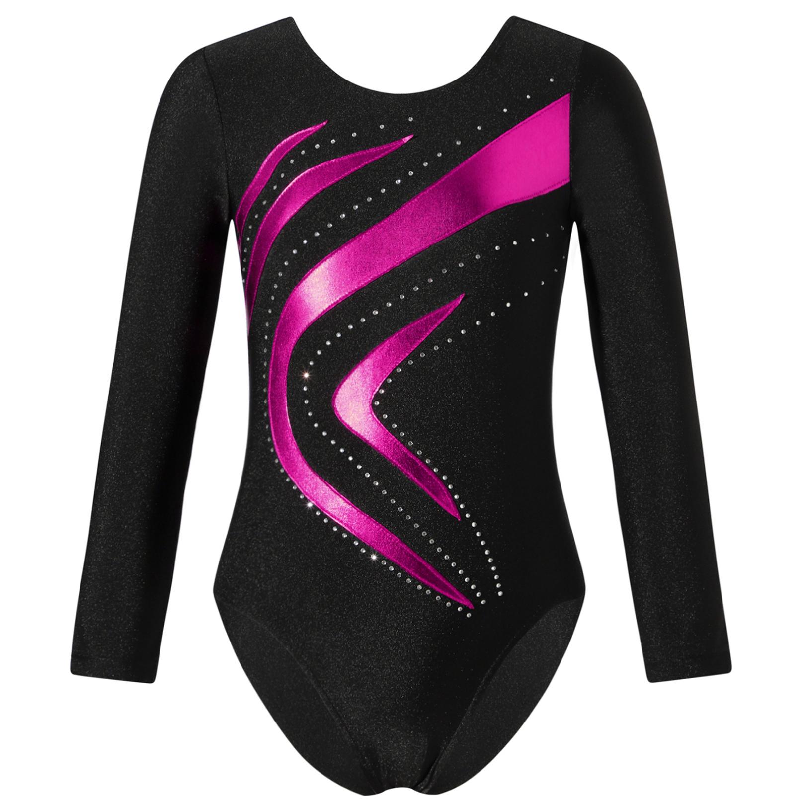 Inlzdz Kinderen meisjes ballet dans turnpakje ritmische gymnastiek kunstschaatsen yoga bodysuit lange mouw glanzende strass danskleding 7-8 Years warm roze kleur