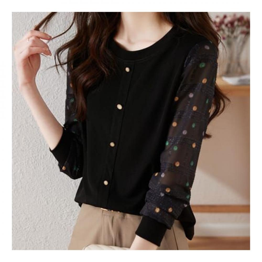 Navava Sheer Dot Round Neck Long Sleeve Blouse Nb1982