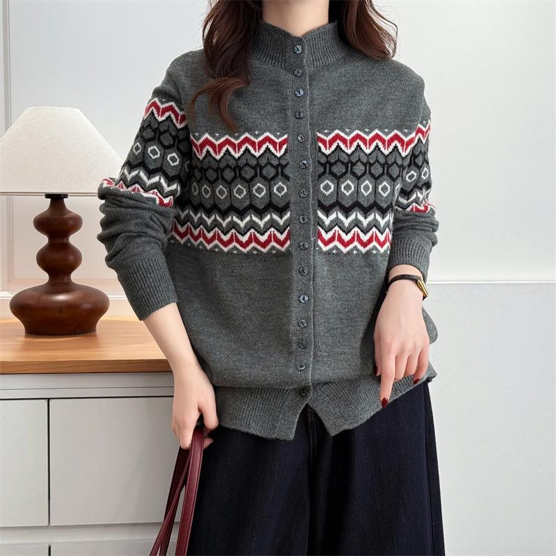 2025 Spring Plus Size Jacquard Cardigan Sweater for Women - Long Sleeve, Stand Collar Fashion Top, Niche Outerwear for Curvy Ladies