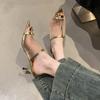 Transparent Silk Gauze Mule Slides Woman Bling Lace Mesh Pointed Toe High Heel Slipper Sandals Ladies Evening Party Pump Shoes