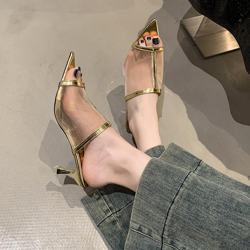 Transparent Silk Gauze Mule Slides Woman Bling Lace Mesh Pointed Toe High Heel Slipper Sandals Ladies Evening Party Pump Shoes