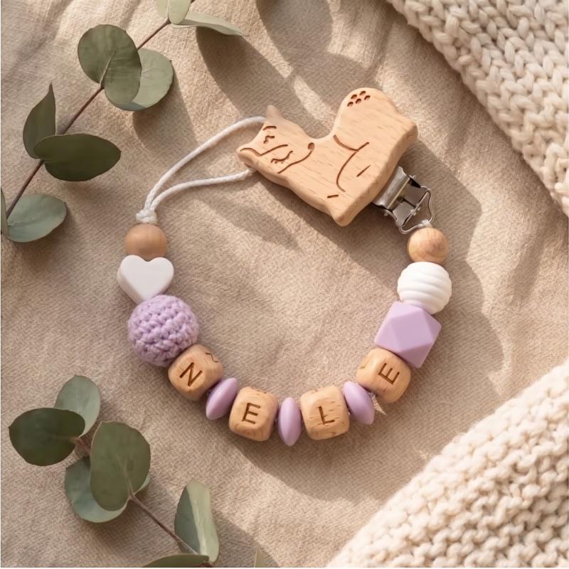 Handmade Personalized Baby Pacifier Clip Custom Name Silicone Teething Beads Holder Beech Wood Soother Chain for Infant Toddler