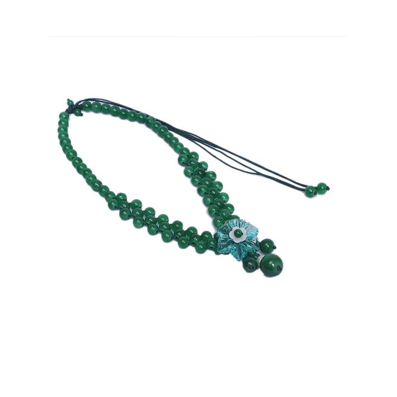 GEMCHIC Women's Ethnic Style Green Agate Beaded Necklace with Flower Pendant Adjustable Multi-Layer Choker