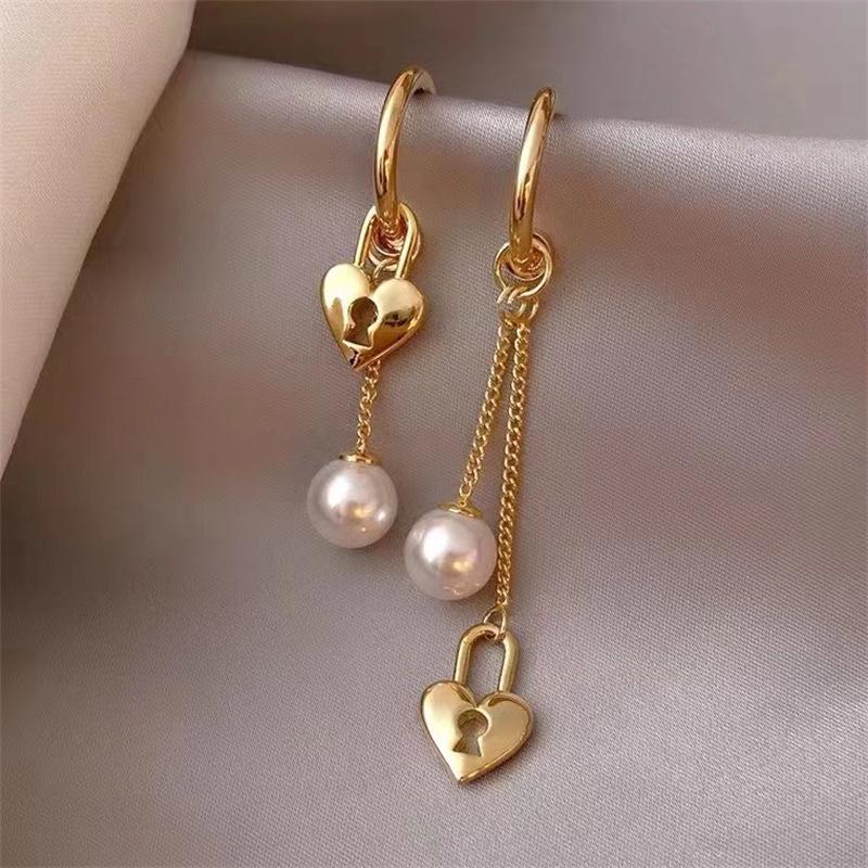 New Pearl Gold Heart Lock Tassel Earrings - Asymmetrical Long Style with Heart Lock and Pearl Accents