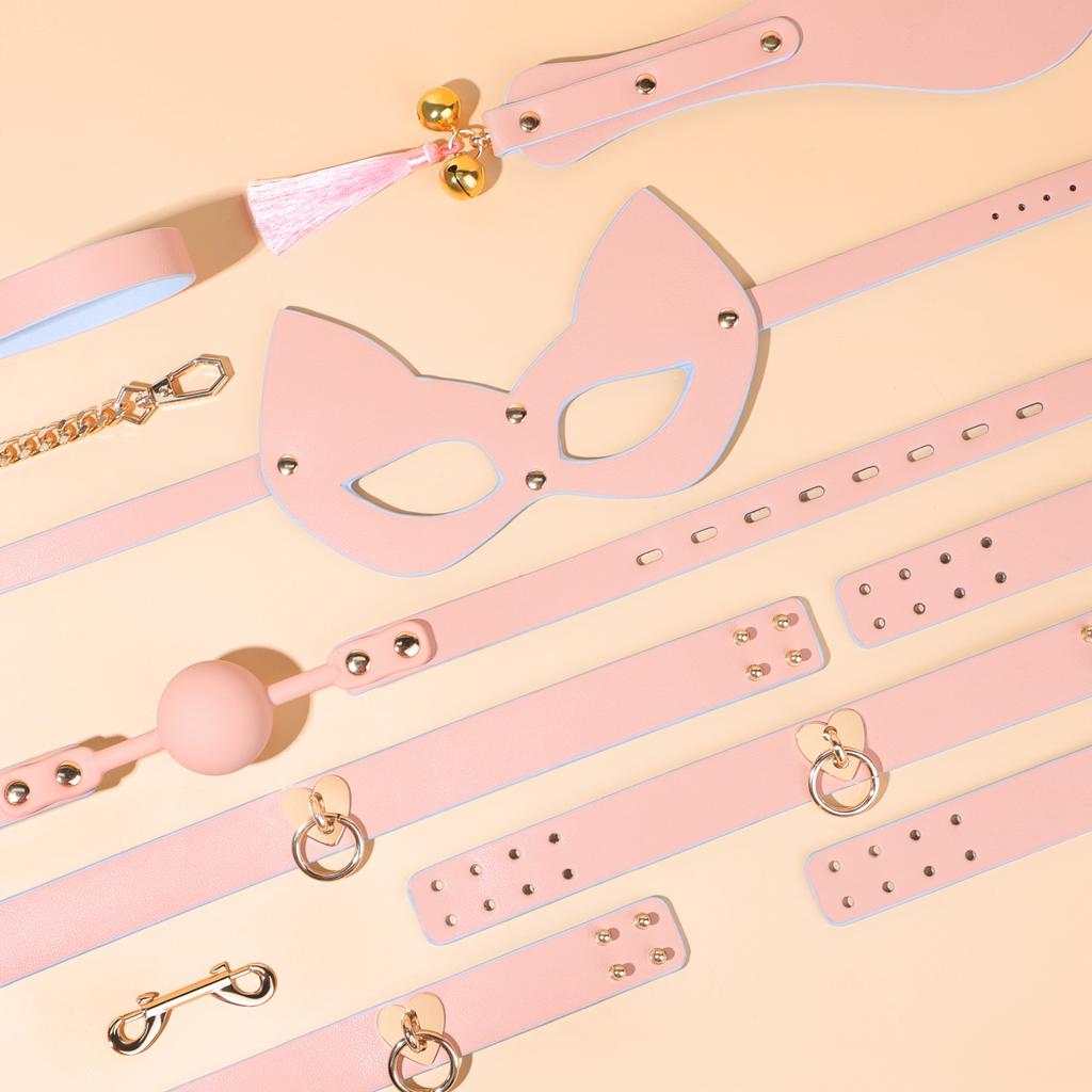 Hot Sexy Genuine Leather Bondage Kits Restraint Set Handcuffs Collar Gag Rabbit Vibrators Adult Sex Toys For Women Couples