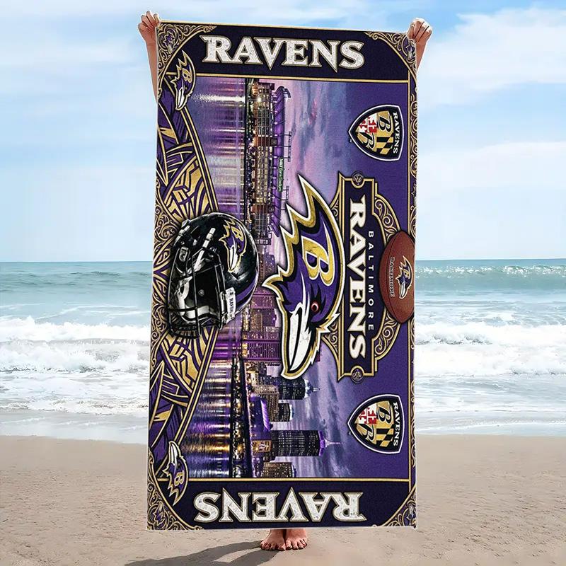 Baltimore Ravens Logotyck Tryckt Strandhandduk, Stor Mjuk Snabbtorkande Handduk för Strand Camping Simning