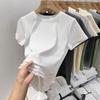 Women's White Lace Patchwork Ruffle T-shirt with Round Neck and Short Sleeves, Summer 2025 Collection