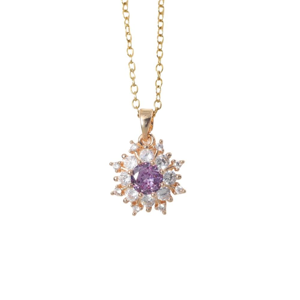Purple Zirconia Sunburst Pendant Necklace, Golden Tone Sparkly Jewelry for Women