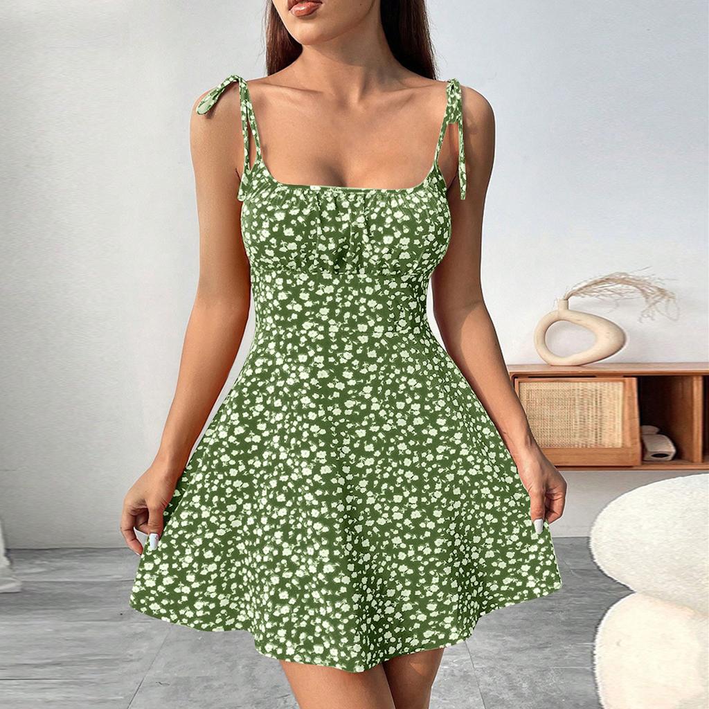 Women's Fashion Floral Print Waisted Spaghetti Strap Dresses