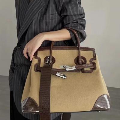 E nuova borsa tote in platino in vera pelle da donna, borsa retrò in tela versatile casual, borsa a tracolla singola