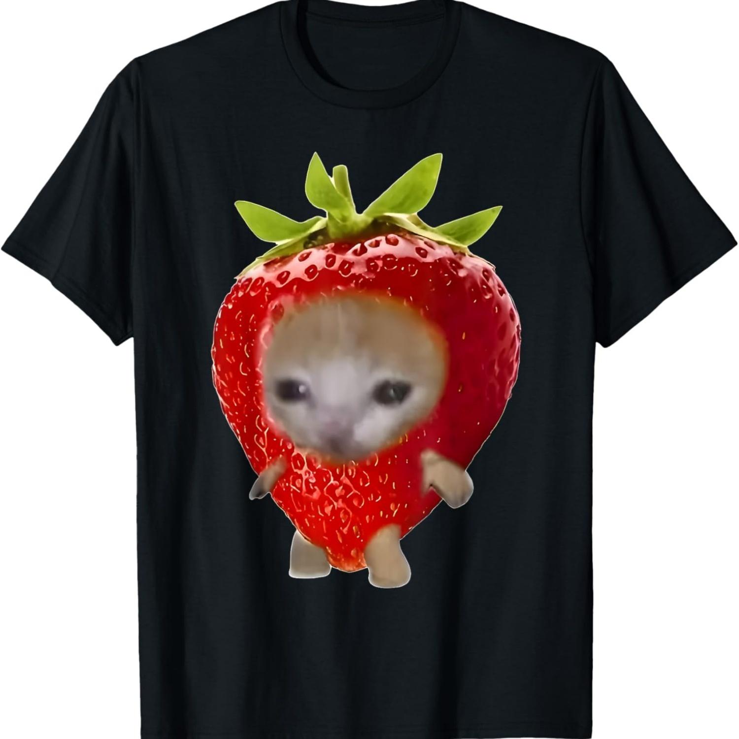 Cute Cat Strawberry Fruit Funny Meme Feline Animal Lovers T-Shirt S чёрный