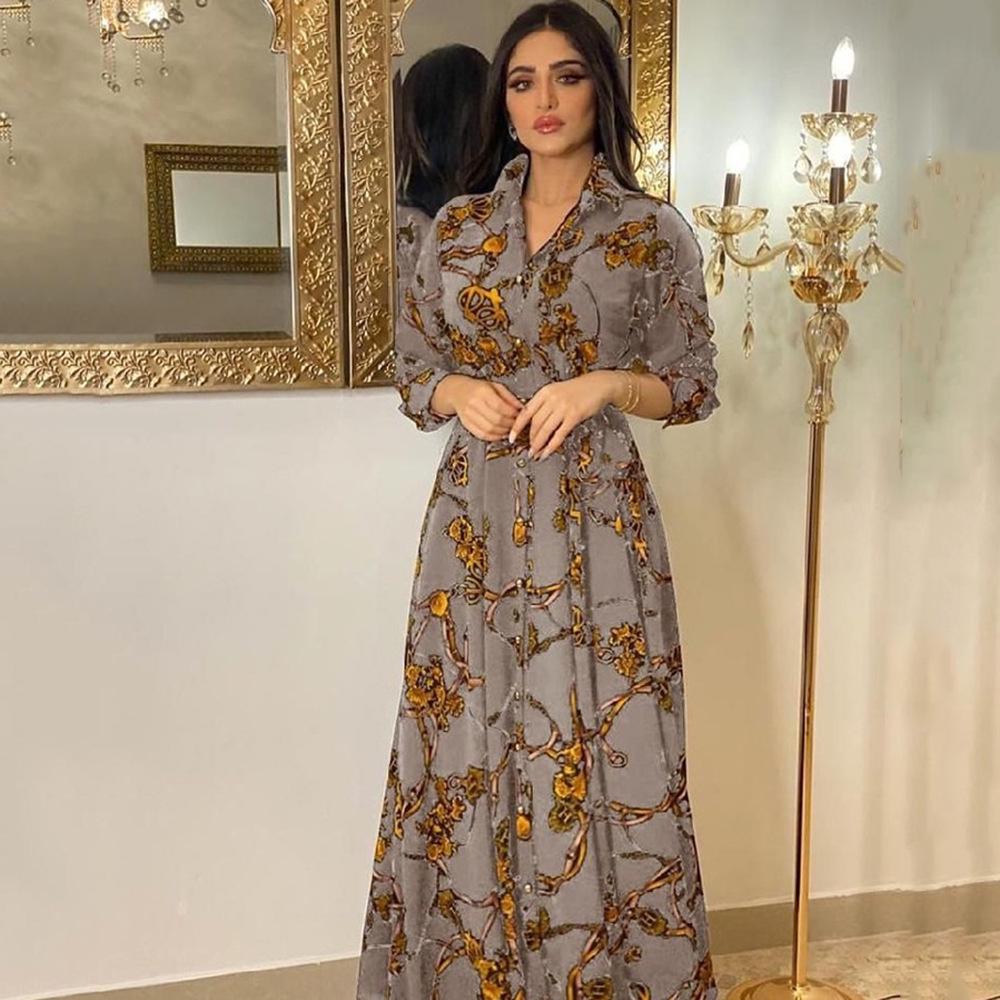 

2025 Элегантный французский ретро-принт Длинный халат для весны и осени - Новое модное мусульманское женское платье XXXL серый