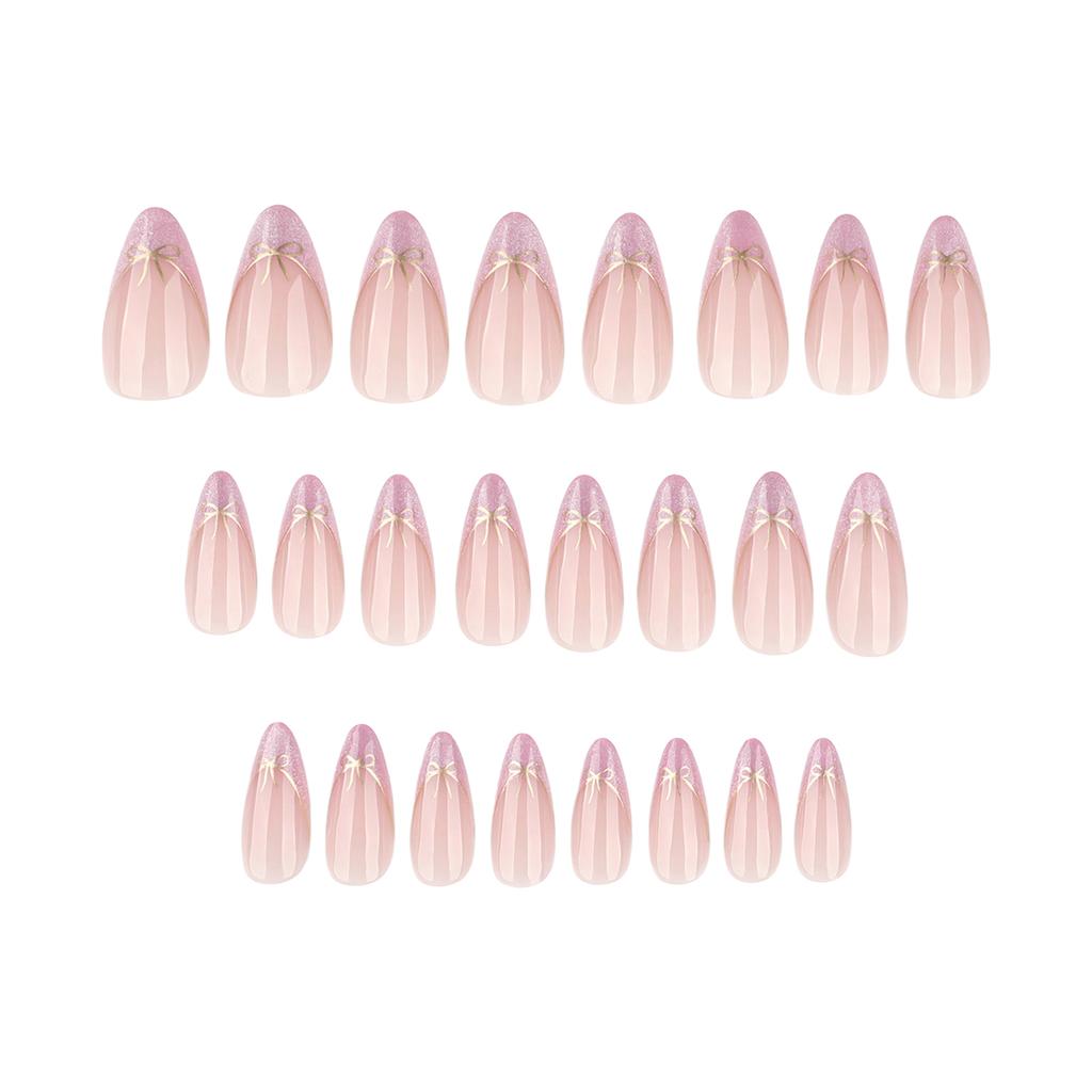 French Pink False Nails 24Pcs Almond Shape With Bowknot Decoration For Wedding Party