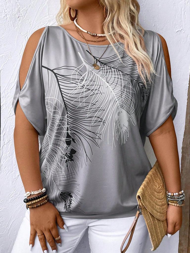 Women's Round Neck Elegant Off-Shoulder Tie-Back Print Top