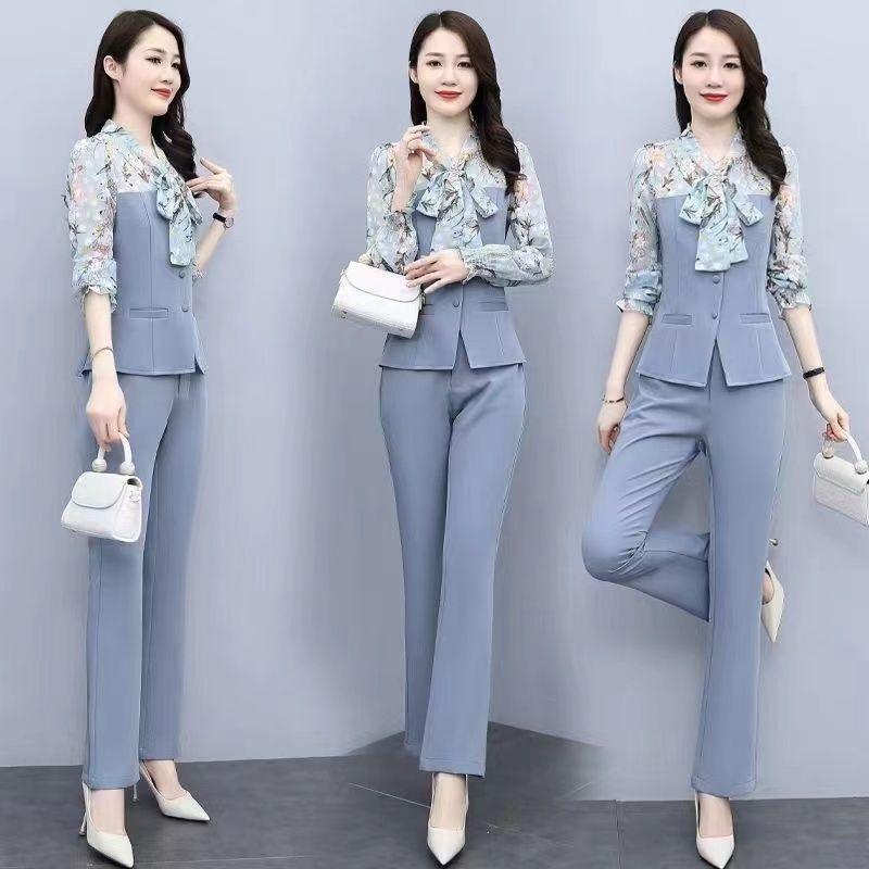 Women's Chiffon Printed Suit Spring And Autumn Fashion Slim Tops Wide Leg Pants 2 Two Piece Set Cute Outfits For Women