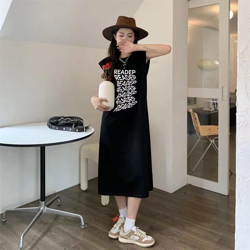 Women's Round Neck Sleeveless Midi Dress Slim Mid Waist Commute Letter Print Tank Tunic Dress