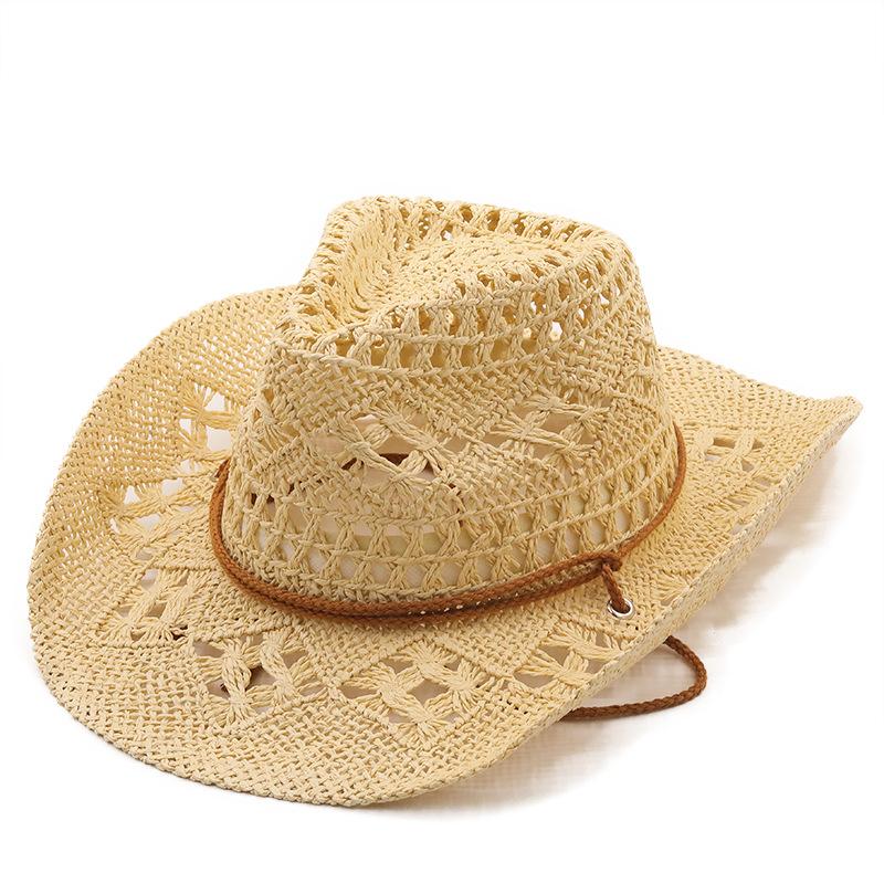 New Summer Outdoor Unisex Hollow Out Woven Cowboy Hat Sun-Protective Western Cowboy Straw Hat