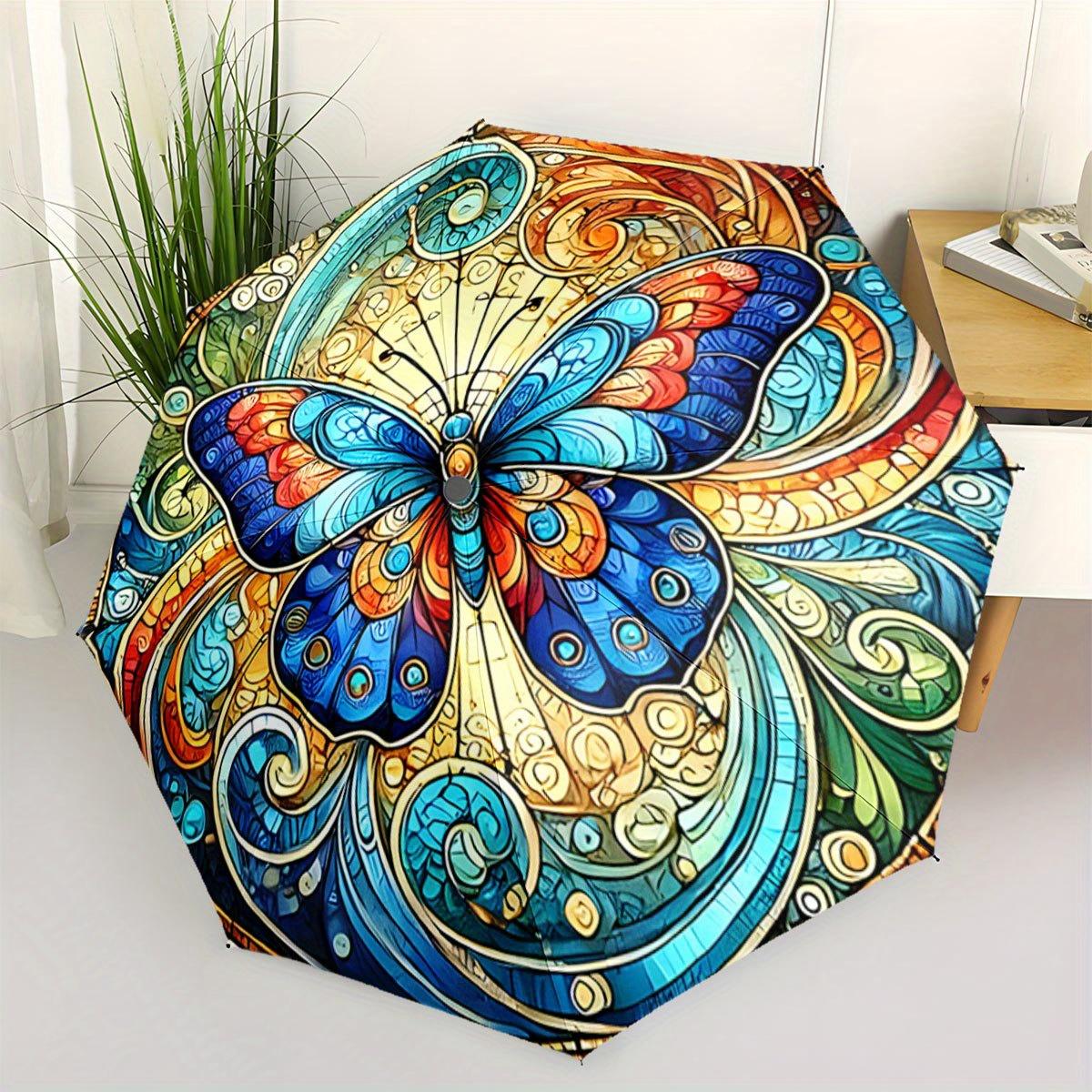 [Automatic Folding Umbrella] Automatic Folding Umbrella A colorful, intricate butterfly with swirling patterns. Portable colla