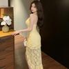 Yellow lace off-the-shoulder halter neck dress for women, small man, high-end sense, summer vacation irregular medium and long dress