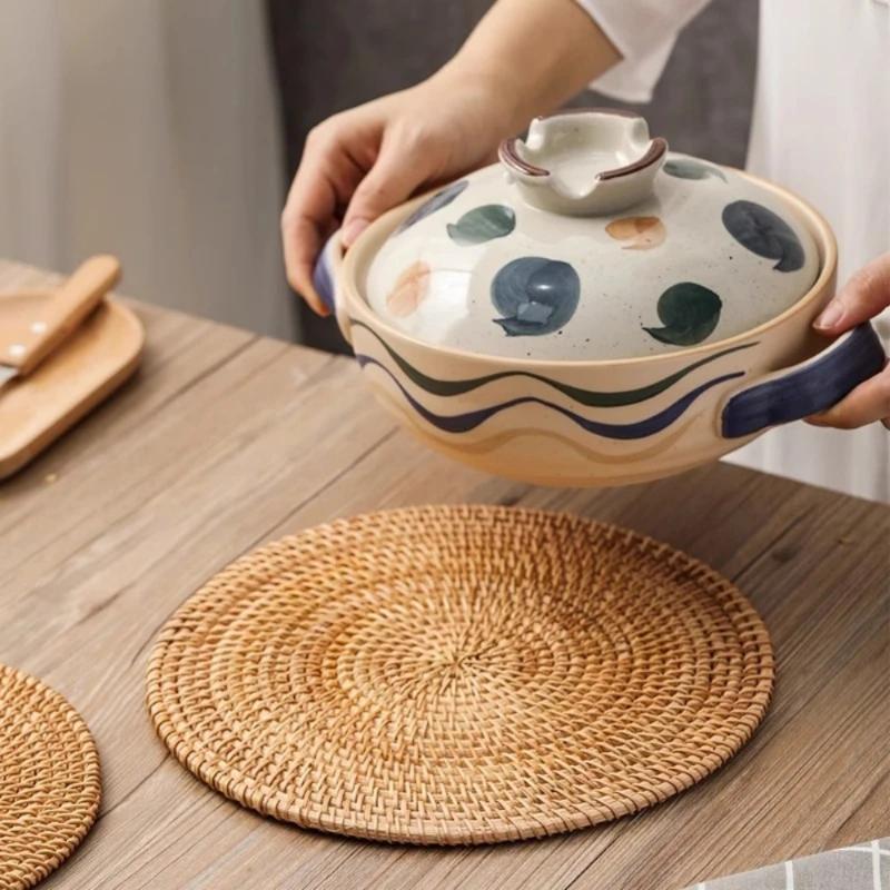 1Pc PVine Woven Coasters, Tea Mats, Cup Holders, Iron Pots, Heat-resistant Tea Cups, Plates, Circular Pot Mats