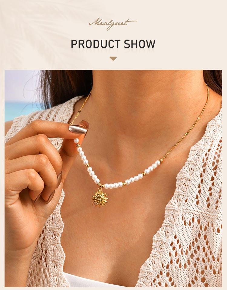 Stainless Steel Shell Sun Pendant Necklace for Women, Pearl Beaded Chain,18K Gold Plated Waterproof Tarnish-free Jewellery