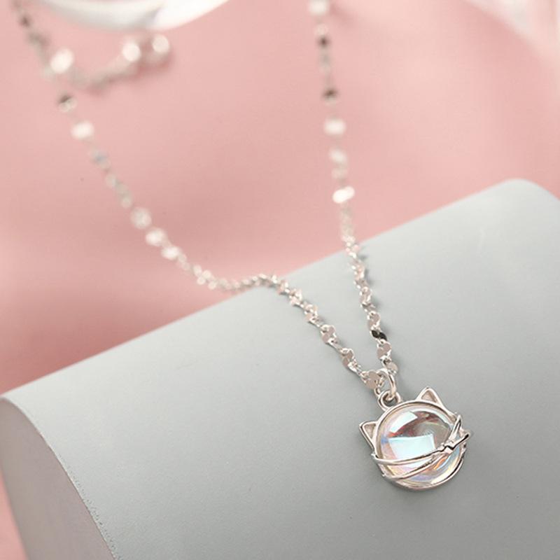 VENTFILLE 925 Sterling Silber Farbe Aurora Katze Halskette Damen Temperament Süß Mondstein Miau Planet Schlüsselbein Kette Schmuck Geschenk