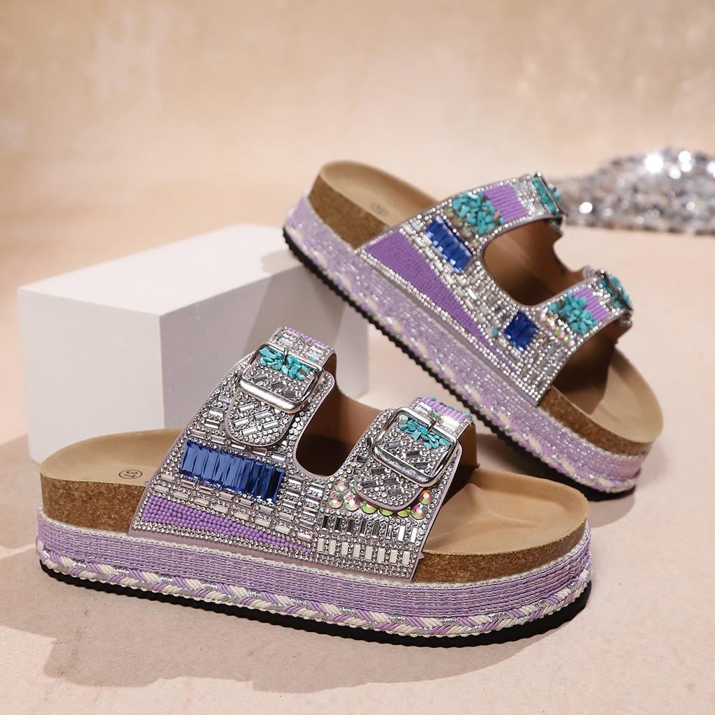 2025 nouvelles pantoufles de plage à semelle épaisse en corde de chanvre à double boucle et strass pour le commerce extérieur, grande taille pour femmes, style européen et américain