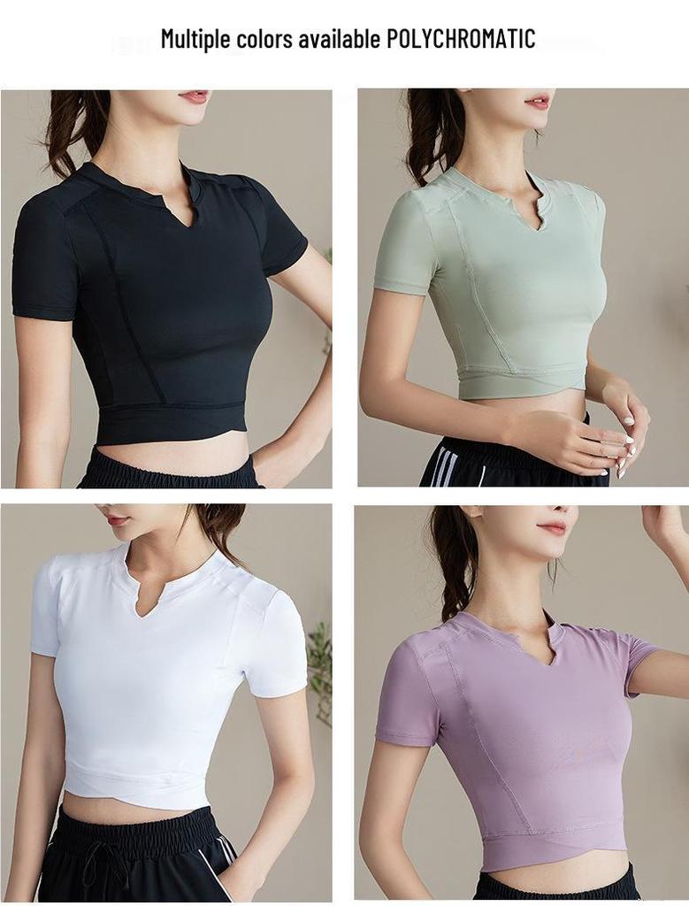 V-Neck Quick Dry Slimming Yoga T-Shirt - Women's Short Sleeve Summer Fitness Top