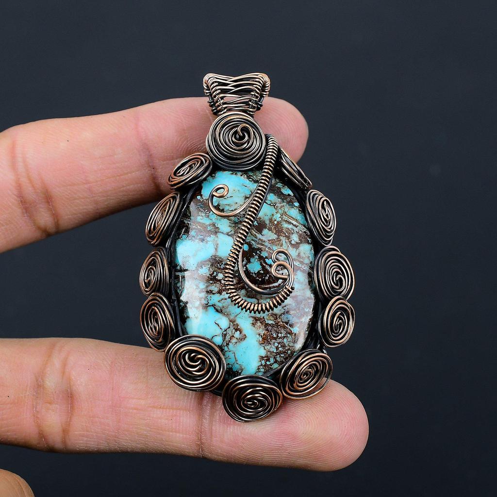 Tibetan Turquoise Gemstone Copper Wire Wrap Handmade Pendant Jewelry Gift For Love