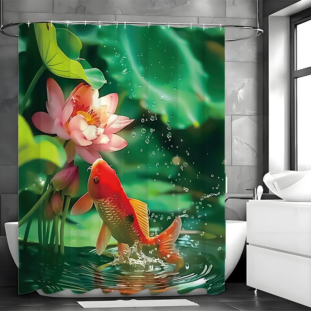 Summer Lotus Leaf Red Carp Shower Curtain, Bathroom Decorative Shower Curtain, Waterproof Shower Curtain with Hooks