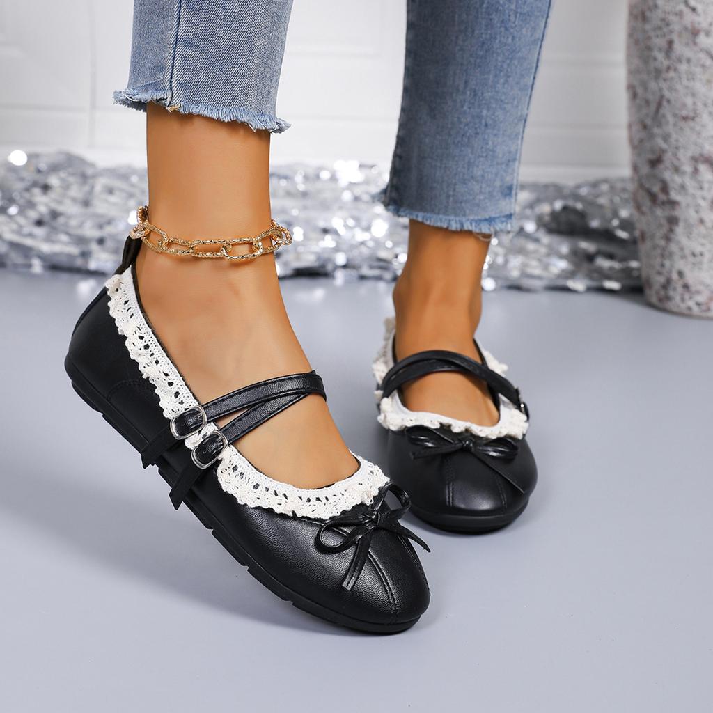 Girls Mary Jane Flats Double Buckle Straps Lace Trim Ballet Shoes Soft Sole Casual Slip On Footwear for Kids