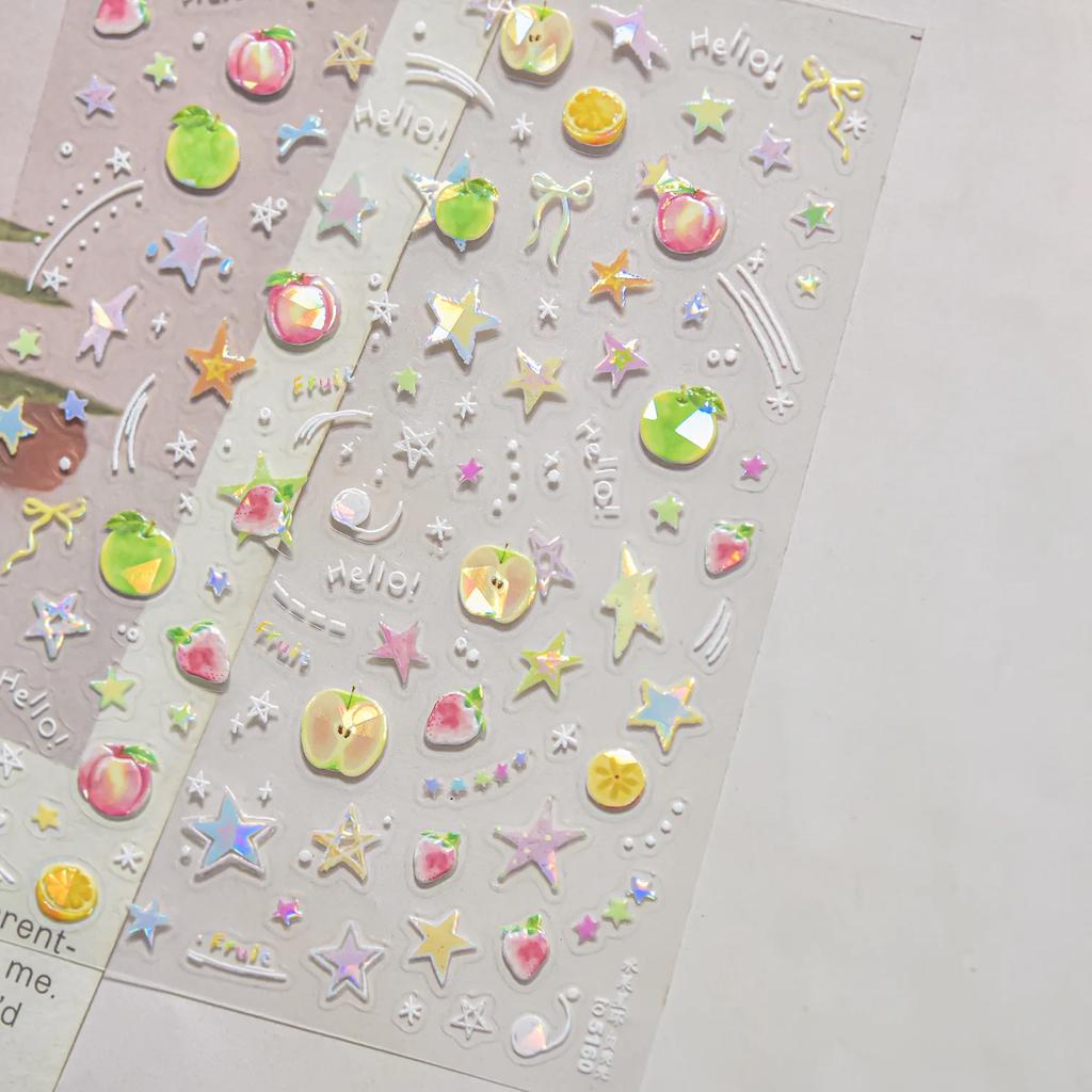 Fruit 5D Nail Art Sticker Apple Strawberry Cherry Love Hearts Bowknot Stars Cartoon Butterfly Manicure Decal DIY